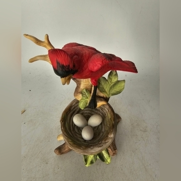Ceramic Cardinal on a branch‎ with eggs in a nest - Picture 6 of 8